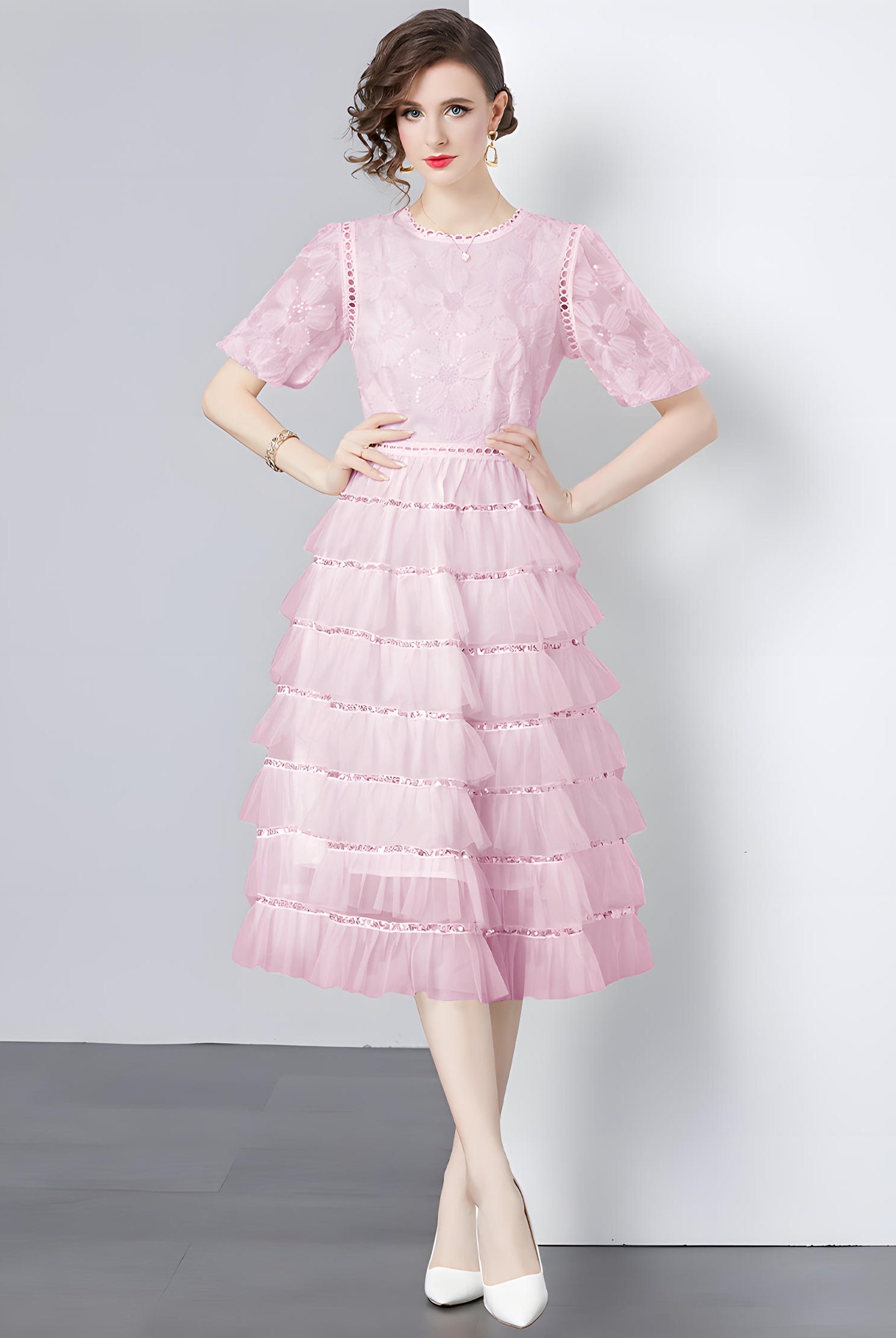 Multilayer Sequinned Mesh Skirt Flower Embroidered Vest Dress - 787365833312_PIN